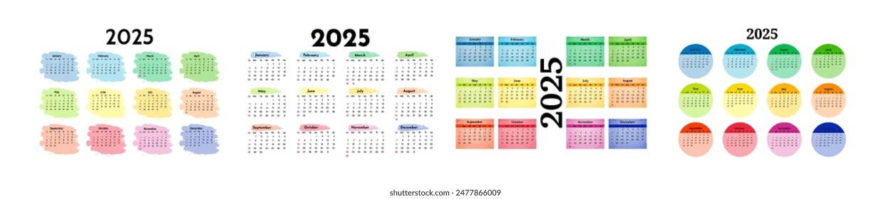 Set of four calendars for 2025 isolated on a white background. Sunday to Monday, business template. Vector illustration