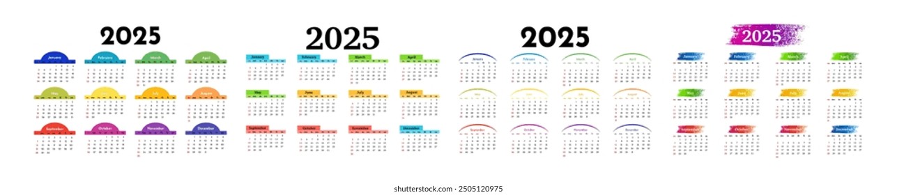 Set of four calendars for 2025 isolated on a white background. Sunday to Monday, business template. Vector illustration