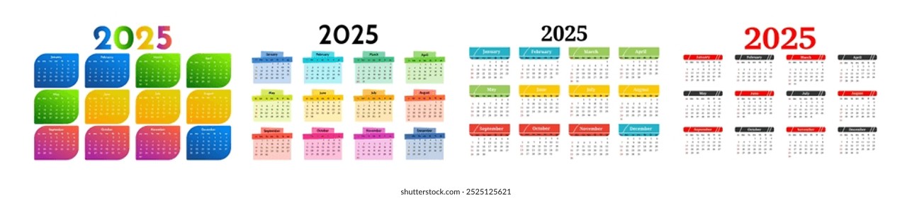 Conjunto de quatro calendários para 2025 isolado em um fundo branco. De domingo a segunda-feira, modelo de negócios. Ilustração vetorial