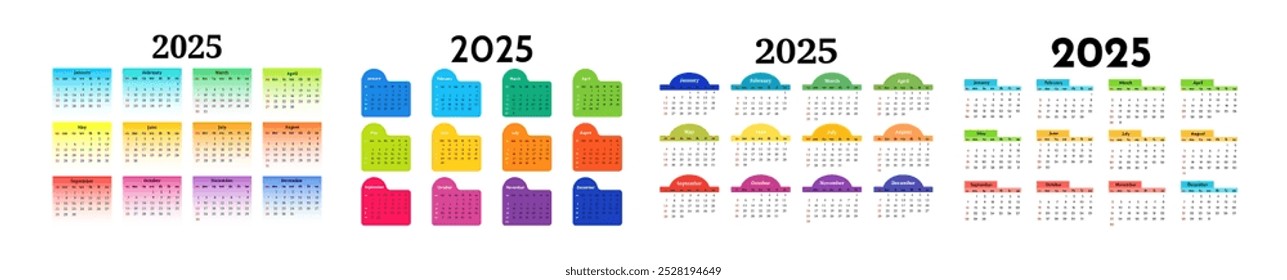 Set of four calendars for 2025 isolated on a white background. Sunday to Monday, business template. Vector illustration