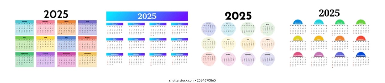 Conjunto de cuatro calendarios para 2025 aislados sobre un fondo blanco. De domingo a lunes, Plantilla de negocios. Ilustración vectorial