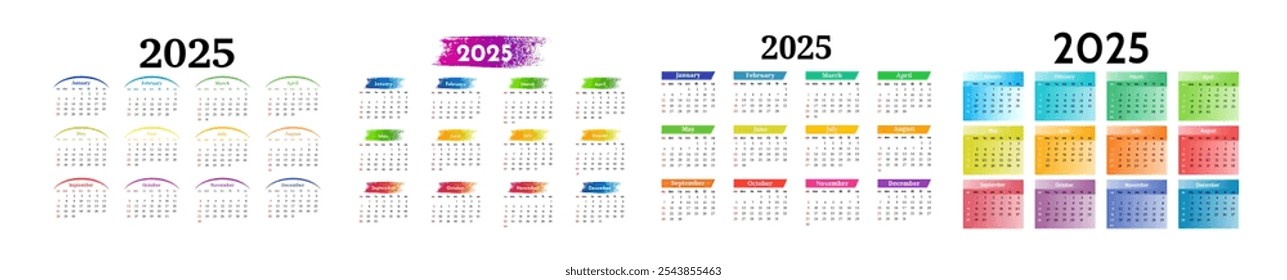 Conjunto de cuatro calendarios para 2025 aislados sobre un fondo blanco. De domingo a lunes, Plantilla de negocios. Ilustración vectorial