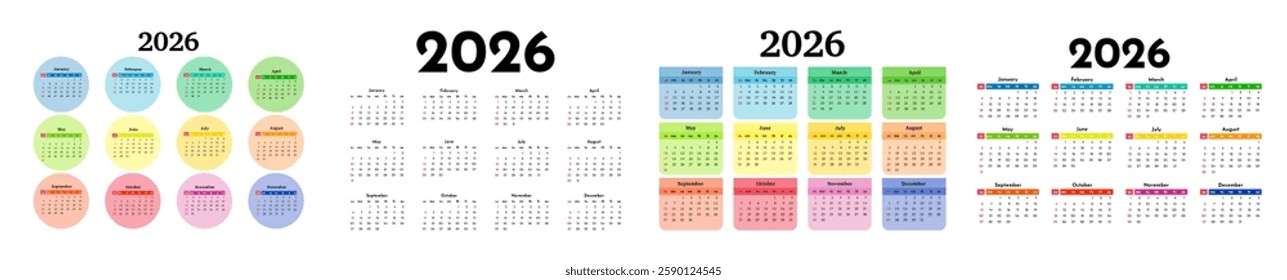 Set of four calendars for 2026 isolated on a white background. Sunday to Monday, business template. Vector illustration