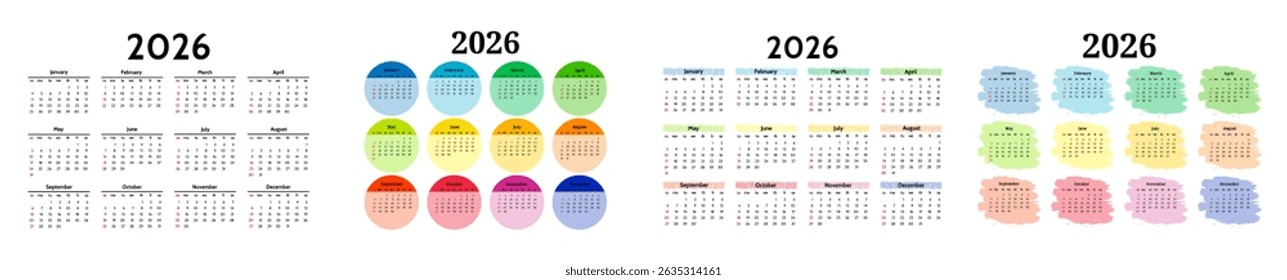 Set of four calendars for 2026 isolated on a white background. Sunday to Monday, business template. Vector illustration