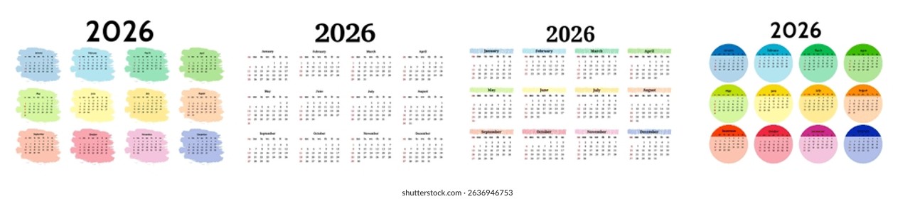 Set of four calendars for 2026 isolated on a white background. Sunday to Monday, business template. Vector illustration