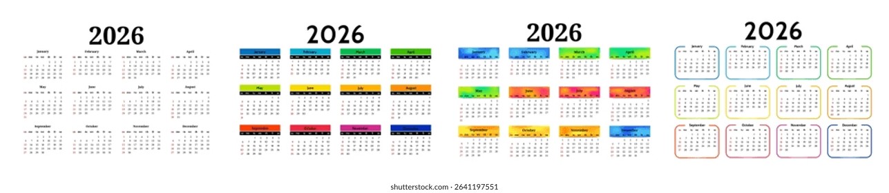 Set of four calendars for 2026 isolated on a white background. Sunday to Monday, business template. Vector illustration