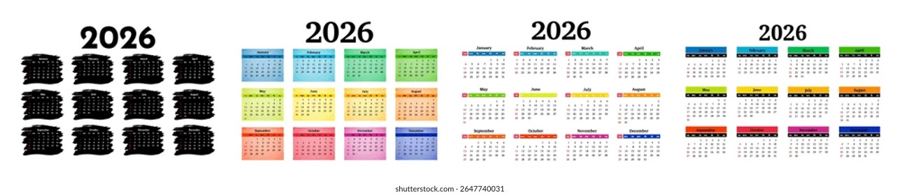 Set of four calendars for 2026 isolated on a white background. Sunday to Monday, business template. Vector illustration
