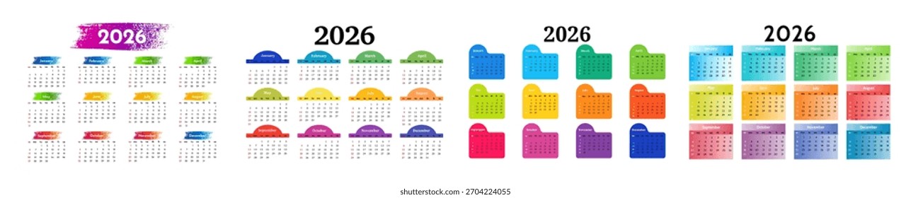 Conjunto de cuatro calendarios para 2026 aislados sobre un fondo blanco. De domingo a lunes, Plantilla de negocios. Ilustración vectorial