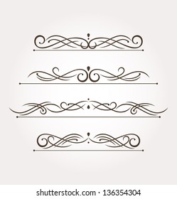 Set of four calligraphic design elements and page decoration. Vector illustration