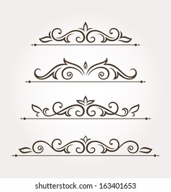 Set of four calligraphic floral design elements and page decoration. Vector illustration