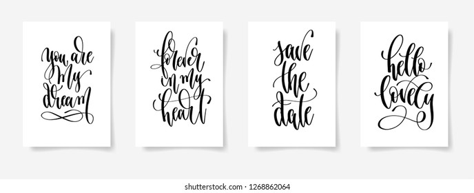 set of four calligraphy posters on a white sheet of paper, motivation and inspiration positive quotes, typography vector illustration