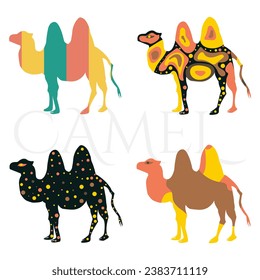 Set of four camels on white background with text camel. Cute collection for kids. Vector illustration	