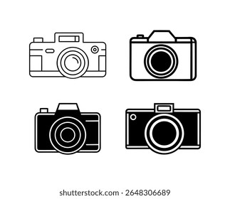 Set of four camera icons in outline and silhouette style