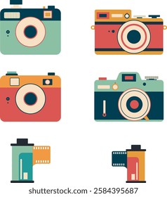 Set of four cameras and fil strip in flat vintage style. Retro colours. Isolated vector illustration for photography day	