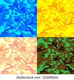 Set of four camouflage pattern in blue, yellow, spring and forest color. Abstract vector patterns background