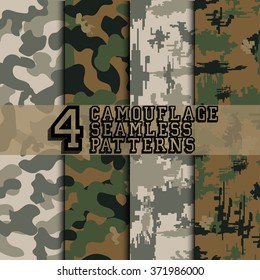 Set of four camouflage seamless patterns, military digital style background, vector 