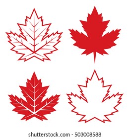 A set of four Canadian maple leaves in vector format. These unique red and white symbols represent the country of Canada.