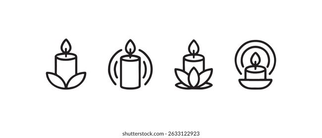 Set of four candle icons with leaves and radiating lines.