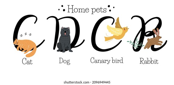 Set of four capital letters with home pets, like cat, dog, canary bird and rabbit, educational cards with animal names, hand drawn vector illustration