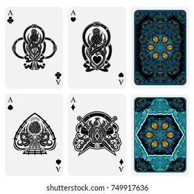 Set from four card aces with different faces in scotland style with thistle pattern and two backs with abstract suits