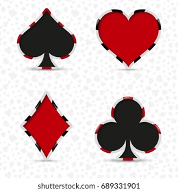 A set of four card deck suits for playing poker and casino. Realistic vector illustration.