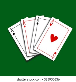 Set of four card icons with aces over green background. Vector illustration.