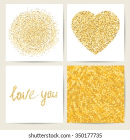 Set of four card templates. Golden stylish decoration. The heart and the hand inscription "I Love you". Design for wedding, Valentine's day, birthday and save the date. Vector illustration.