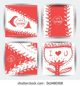 Set of four card templates. Hand drawn floral textures. Invitations, business card template, postcards