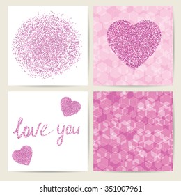 Set of four card templates. Pink stylish design. The heart and the hand inscription "I Love you". Seamless geometric background. Design for wedding, Valentine's day, birthday and save the date.