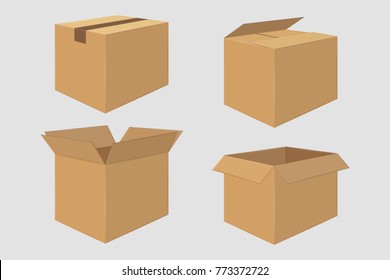 Set of Four Cardboard Boxes. Open and Closed Box. Side View. Package Design. Isolated
 on White