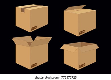 Set of Four Cardboard Boxes. Open and Closed Box. Side View. Package Design. Isolated on Black
