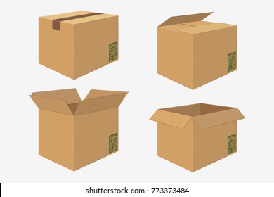 Set of Four Cardboard Boxes. Open and Closed Box. Side View. Package Design. Isolated on White
