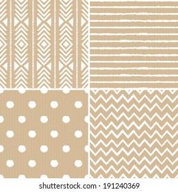 A set of four cardboard paper backgrounds with seamless aztec, stripes, polka dots and chevron patterns.