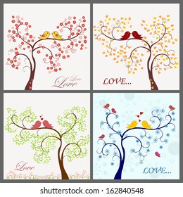 Set of four cards/ Birds fall in love