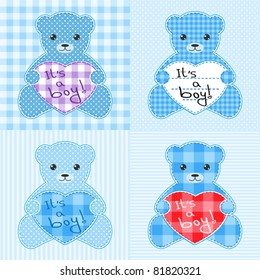 Set of four cards with blue teddy bears for boy. You can change text and make birthday card, baby shower invitation, arrival announcement etc.