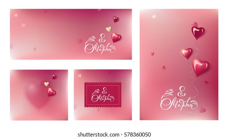 Set of four cards with blurred background and glossy heart-shaped balloons. Happy women`s day cards. Handwritten 8 march calligraphy on blurred background.  Vector illustration