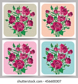 Set of four cards with a bunch of roses. Set of four elegant floral cards. Set of romantic designs with roses. Set of backgrounds with a bunch of roses.