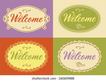 set of four cards with calligraphic text welcome and frames