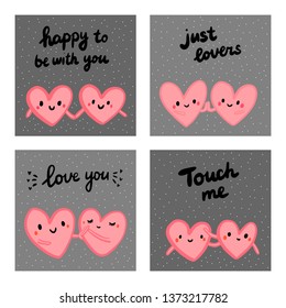 Set of four cards with couples of lovers heart hand drawn illustrations in cartoon style tender minimalism