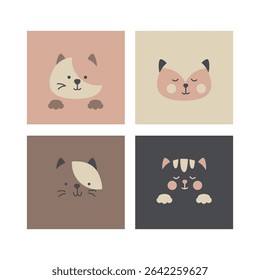 Set of four cards with domestic pets. Cat pet head, domestic animal faces icon set. Fluffy kitten. Cute cartoon funny kitty characters isolated on white background. flat vector illustration