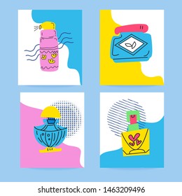 Set of four cards from Doodle elements. Perfume, cream