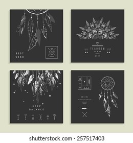 Set of four cards with Dream Catcher. Isolated on a black background.