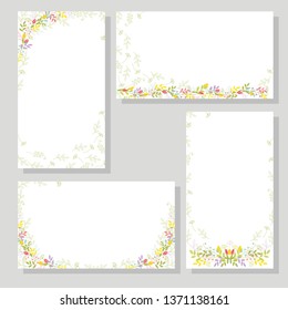 Set of four cards with flowers and branches, with leaves for festive design and decoration. Isolated color vector.
