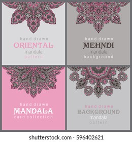 Set of four cards or flyers with abstract henna mehndi ornament. Decorative colorful pattern with ornate texture, tribal ethnic oriental motif. Vector illustration