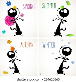 Set of four cards with funny black cat in different seasons, room for your text.