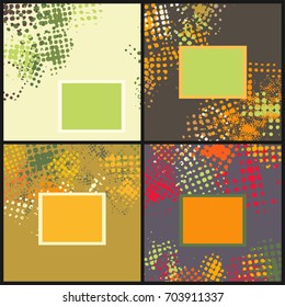 Set with four cards in grunge style with colorful halftone prints