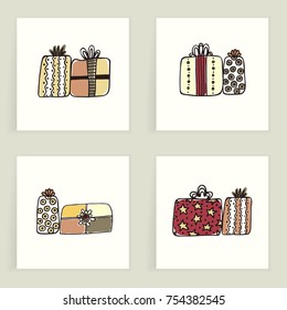 Set of four cards. Hand drawn gifts isolated on white. Winter holidays. Christmas. Artistic backgrounds with presents. It can be used for invitation, thank you message, postcard. Vector, eps10