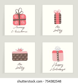 Set of four cards. Hand drawn colorful gifts isolated on white. Winter holidays. Christmas presents. Best wishes. It can be used for invitation, thank you message, postcard. Vector illustration, eps10
