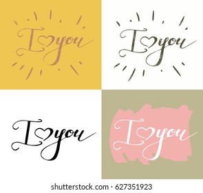Set with four cards with hand writing words I love You. Calligraphy, lettering. Can be used as greeting cards etc.