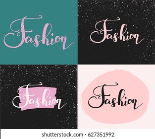 Set with four cards with hand writing word Fashion. Calligraphy, lettering